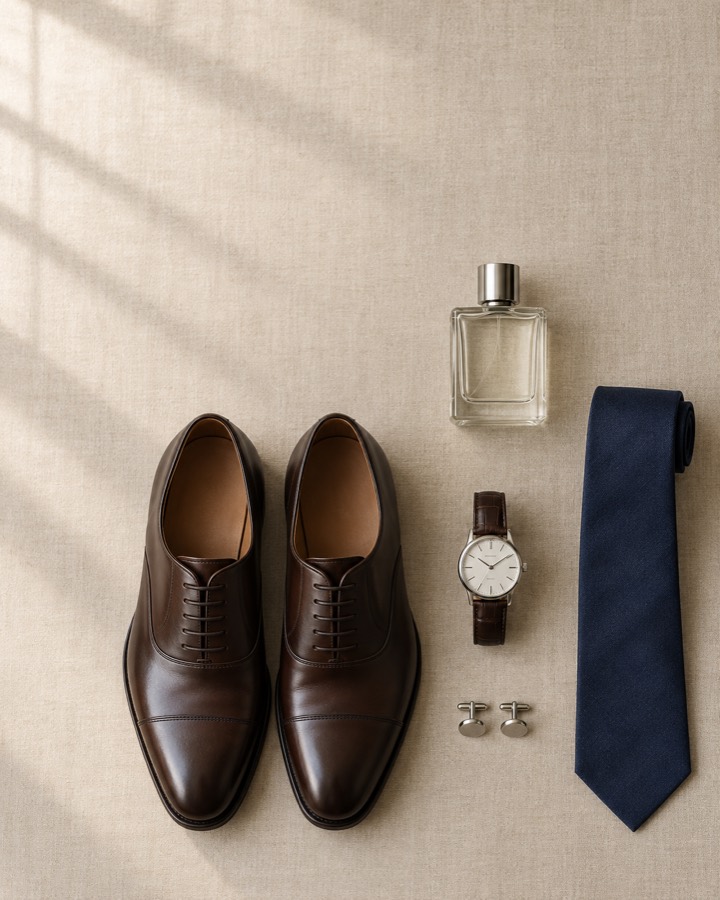 Zapatos, reloj, gemelos, corbata y perfume del novio ordenados sobre una superficie, vistos desde arriba.