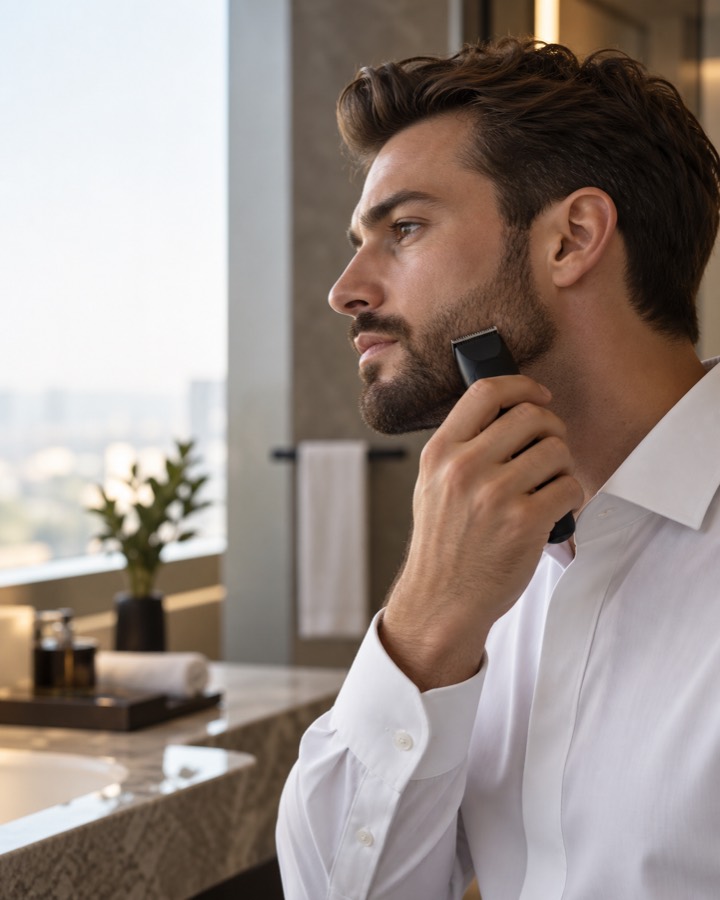 Primer plano de perfil del novio mientras se perfila la línea de la barba.