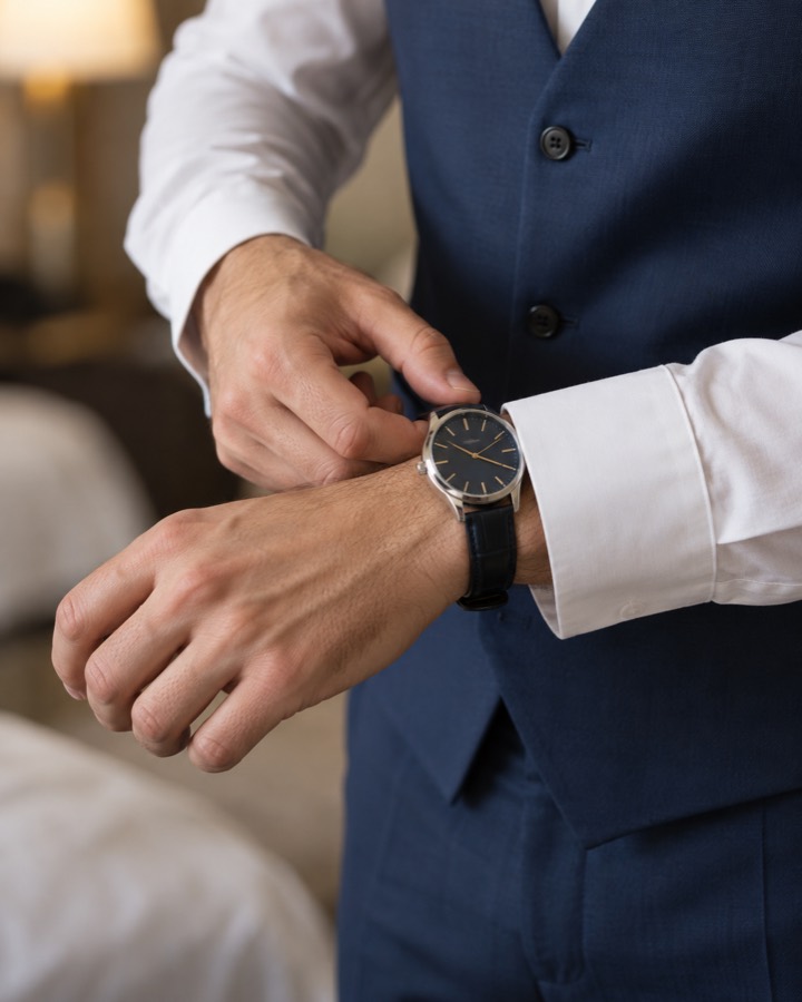 Plano detalle de las manos del novio cerrando el broche del reloj.
