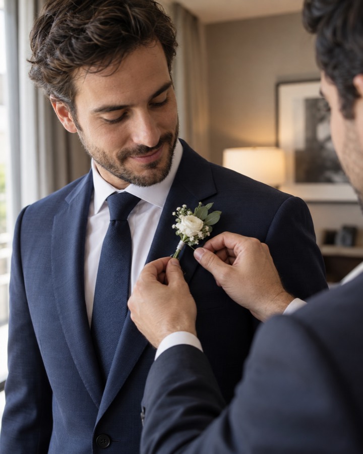 Unas manos colocando el prendido de flores en la solapa de la chaqueta del novio.