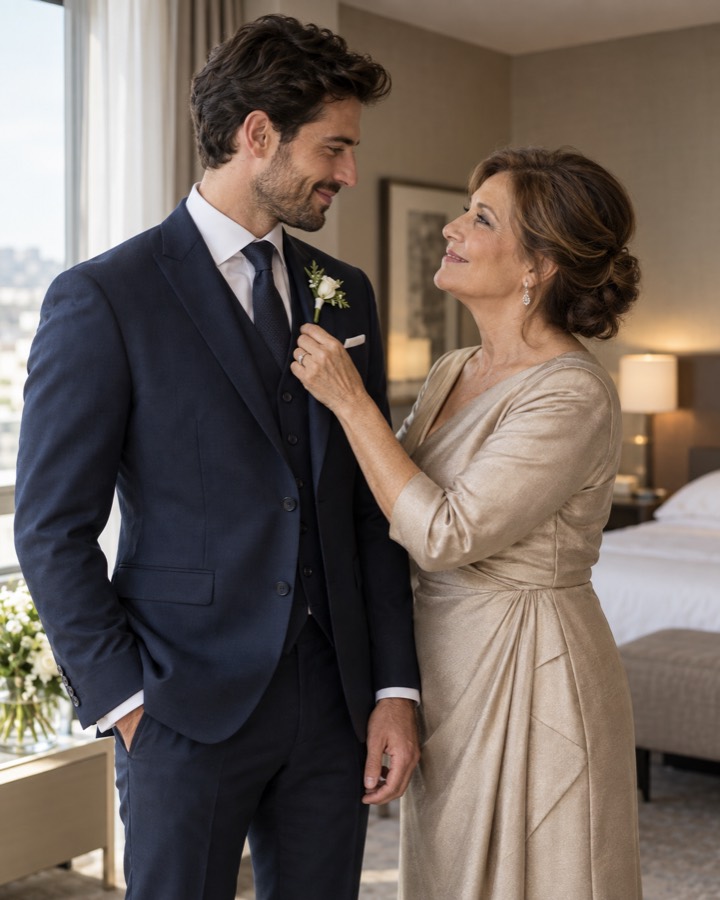 El novio con su madre en la habitación, antes de salir hacia la ceremonia.