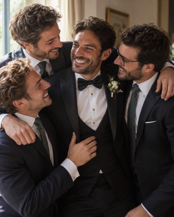 El novio abrazado por tres amigos durante los preparativos, los cuatro riéndose.